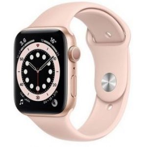 ساعة أبل الإصدار 6،  مقاس 44 ملم، جي بي اس، إطار ذهبي، سوار وردي رياضي (M00E3AE/A-S)