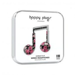 سماعة داخل الأذن سلكية Happy Plugs Earbud Plus Stylish من هابي بلجز – أسود بنقش من الورود