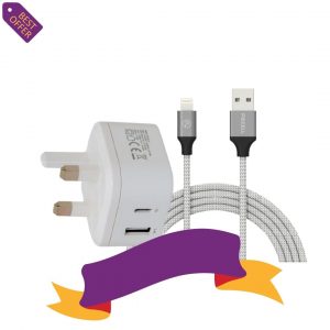 شاحن منزلى منفذين عادى و اخر تايب سى, ابيض+كيبل بايسل ايفون, 1.80م قماش