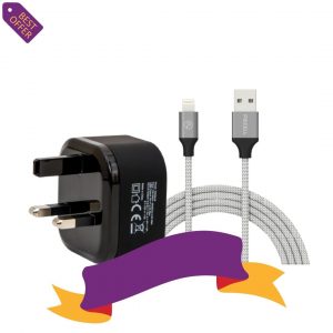 شاحن منزلى منفذين عادى و اخر تايب سى+كيبل بايسل ايفون, 1.80م قماش