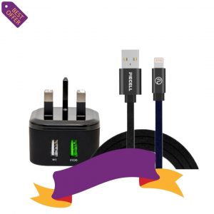 شاحن منزلي منفذين ,منفذ شحن سريع واخر عادى, اسود+كيبل بايسل ايفون 1.50م